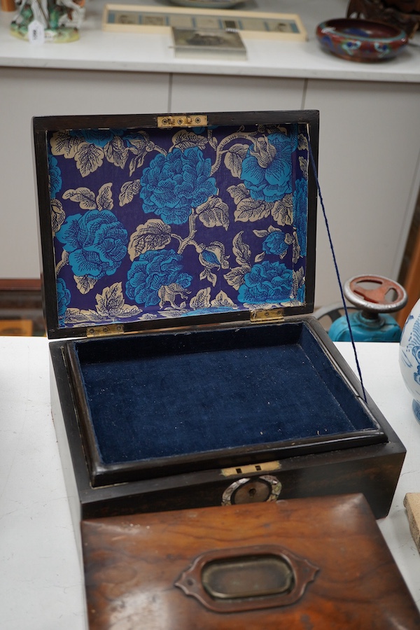 A Victorian coromandel wood, mother of pearl inlay box- 29.5cm wide together with a Victorian olive wood box